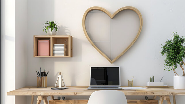 Heart shape mockup photo frame resin border, on study desk in modern living room, 3d render