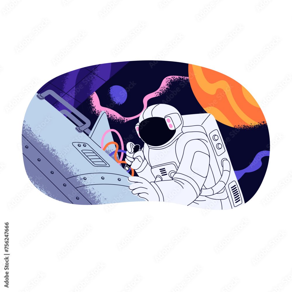 Poster astronaut flying in outer space to repair spaceship. cosmonaut spacewalks to fix breakdown in satell