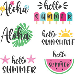 Summer Vector Quotes and Elements. Hello Summer, Aloha, Hello sunshine. 