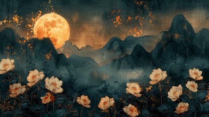 Elegant Line Art Posters with White Flowers and Gold Accents Generative AI