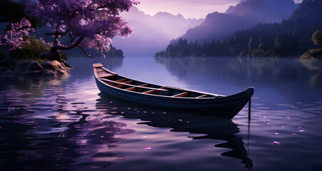 a boat sitting in the water on a mountain lake