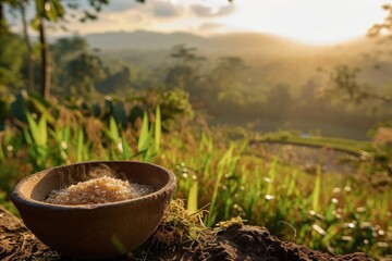 Rice in a clay bowl against a background of rice paddies on a sunset summer day. Traditional Asian dish, peasant dinner. - obrazy, fototapety, plakaty