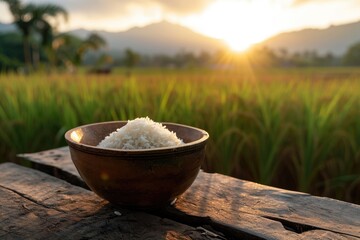 Rice in a clay bowl against a background of rice paddies on a sunset summer day. Traditional Asian...