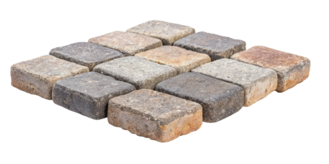 Set of cobblestones neatly arranged and isolated. The stones feature a variety of earth tones, textures, and signs of natural weathering.