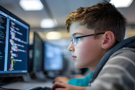 Focused Young Boy with Glasses Coding at Computer in Office Setting, To showcase the focus and determination of a young boy learning programming and