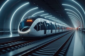 Frontal view of a modern metro wagon. Train into a neon-lit arched tunnel of the underground subway.