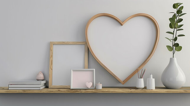 Heart shape mockup photo frame bamboo border, on book shelf in modern living room, 3d render
