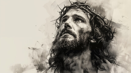 Jesus Christ with crown of thorns on his head. Digital painting.