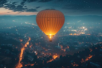 A large hot air balloon filled with hot air flies through a starry sky. Travelers in a suspended basket see a mountainous landscape.