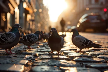 Fotobehang A flock of pigeons on a cobbled street in the old town on a summer's day from a low angle. © photolas