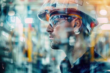 Man worker wearing protective helmet in a workshop at an automobile factory, face side view. The double exposure emphasizes the complex high-tech production.