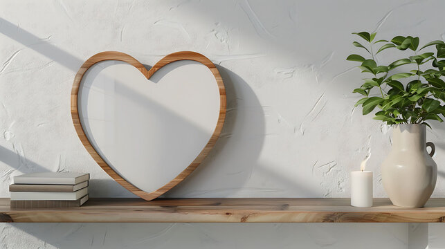 Heart shape mockup photo frame resin border, on book shelf in modern living room, 3d render