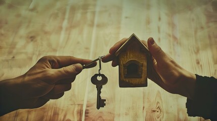 Handover of house keys with miniature wooden home. concept of buying new property, real estate transaction. symbolic key exchange. warm vintage filter. AI