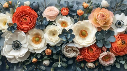 Pastel Flower Bouquet with Peonies, Roses, Succulents, Hydrangea, Ranunculus, Anemone, Eucalyptus, and Juniper Generative AI