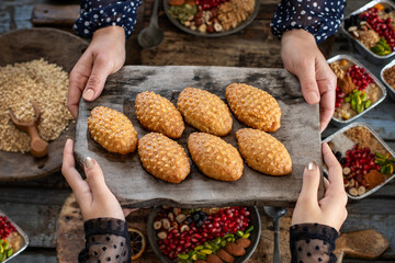 Dessert with syrup named kalburabastı or kalburabasti . Many pieces of delight in the plate.