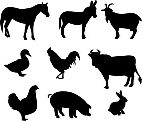 Farm animals silhouettes. Vector shapes and elements. Farm animals illustration. 