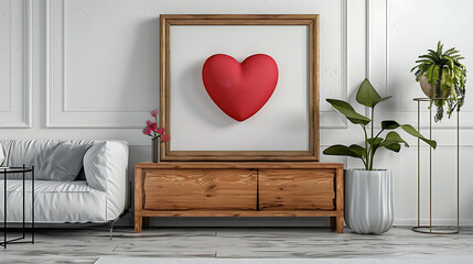 Heart shape mockup photo frame wooden border, on chest drawer in modern living room, 3d render