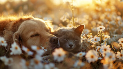 dog and cat lying in flower field	
