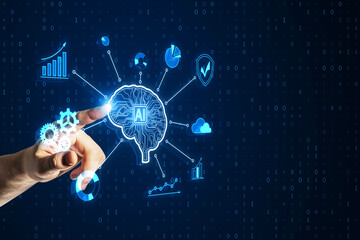Close up of male hand pointing at creative glowing digital brain hologram on blurry background. AI and futuristic hud elements.