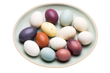 Boiled eggs, naturally dyed, colorful, delicious, arranged on a ceramic plate, Isolated on transparent background.