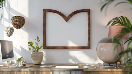 Heart shape mockup photo frame bamboo border, on computer table in modern living room, 3d render