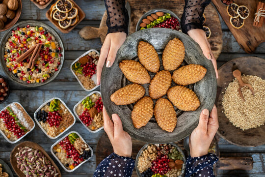 Dessert with syrup named kalburabastı or kalburabasti . Many pieces of delight in the plate.