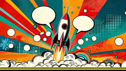 Nimbus Navigators: Pop Art Abstract Space Shuttle Engulfed in Mystical Clouds of Space. Empty Speech bubble.