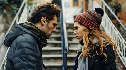 Intense conversation between a man and woman in urban setting, emotions captured on city stairs. lifestyle and relationship theme. AI