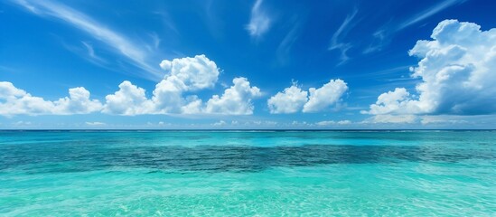 Fototapeta premium Peaceful tropical seascape, turquoise waters, blue skies, serene atmosphere, tranquil beauty, idyllic vacation setting. Generative AI