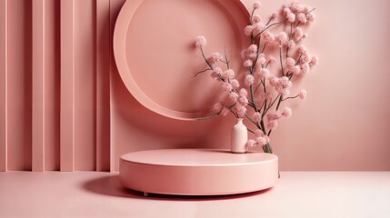abstract minimal scene with pink podium, round stand and flowers. - obrazy, fototapety, plakaty