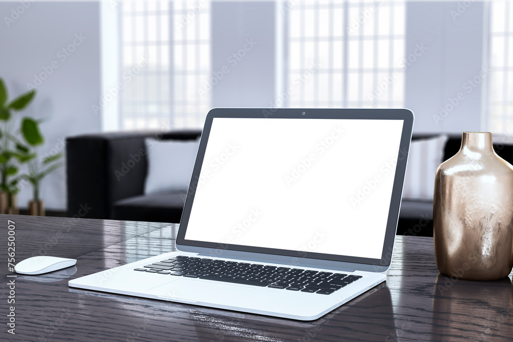 Poster sleek laptop with mockup screen on a wooden table, bright office background. 3d rendering