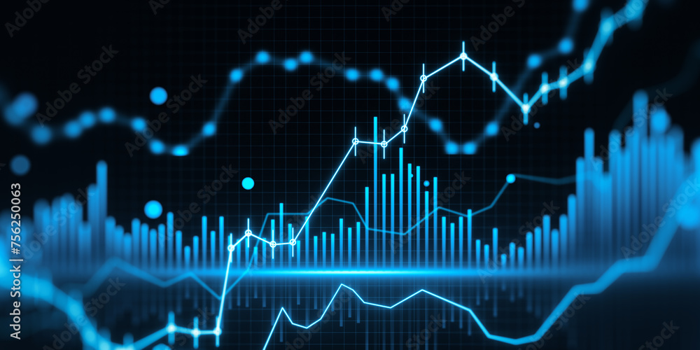Poster dynamic financial graphs on a futuristic blue background. finance and technology concept. 3d renderi