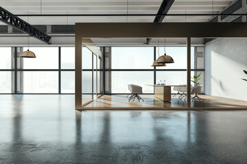 Concrete spacious glass meeting room interior with panoramic window and city view. 3D Rendering.