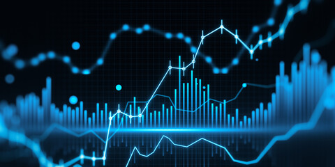 Dynamic financial graphs on a futuristic blue background. Finance and technology concept. 3D...