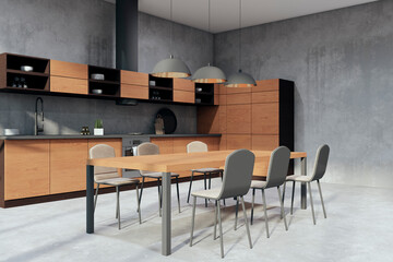 Clean concrete and wooden kitchen interior with furniture and equipment. 3D Rendering.