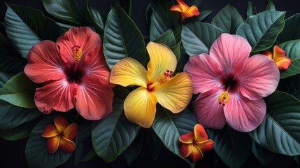 Obraz premium Tropical Hibiscus and Frangipani Illustration Generative AI