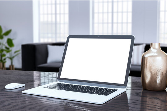 Sleek laptop with mockup screen on a wooden table, bright office background. 3D Rendering