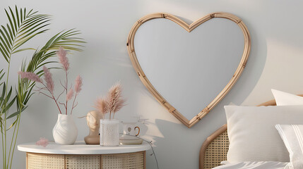 Heart shape mockup photo frame bamboo border, on bedside table in modern living room, 3d render