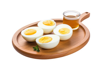 Boiled eggs, soft-boiled eggs, smooth egg whites, runny yolks, served on a wooden plate,Isolated on transparent background.