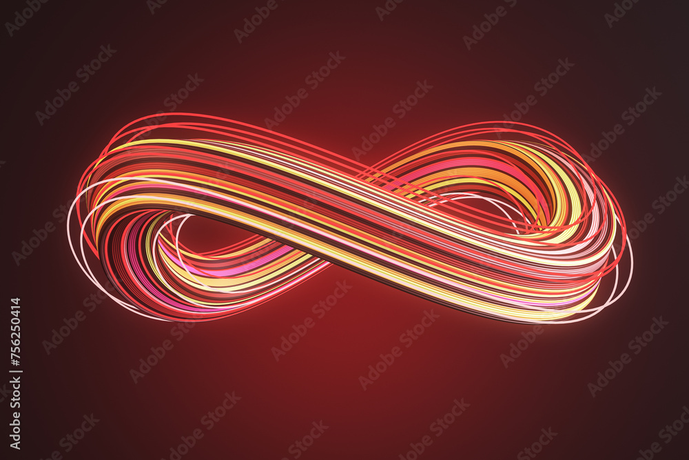 Poster 3D abstract twisted ribbon in warm red and yellow hues on a dark backdrop. Infinity concept. 3D Rendering