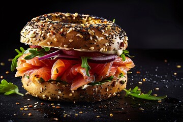 a bagel sandwich with salmon and onions