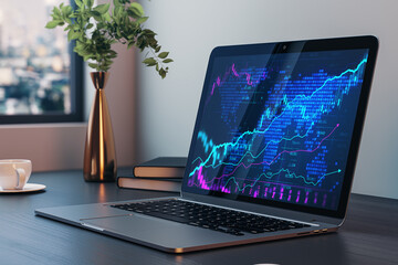 Close up of laptop, coffee cup and vase with plant at workplace with abstract forex chart on screen. Window with city view. Recession and economic fall concept. 3D Rendering.