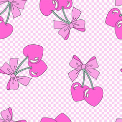 Pink Doll Coquette Cute Preppy Cherries with Bow on checkerboard vector seamless pattern. Hand drawn linear love romantic girlish background.  - 756250606