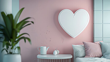 Obraz premium Heart shape mockup photo frame glass border, on bedside table in modern living room, 3d render