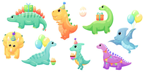 Obraz na płótnie Canvas Illustrations of cute dinosaurs for children in different colors: Triceratops, Stegosaurus, Brontosaurus, Pterosaurus, Tyrannosaurus, Brachiosaurus.Happy Birthday Inscriptions.