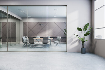 New glass and concrete meeting room office interior with panoramic city view. 3D Rendering.