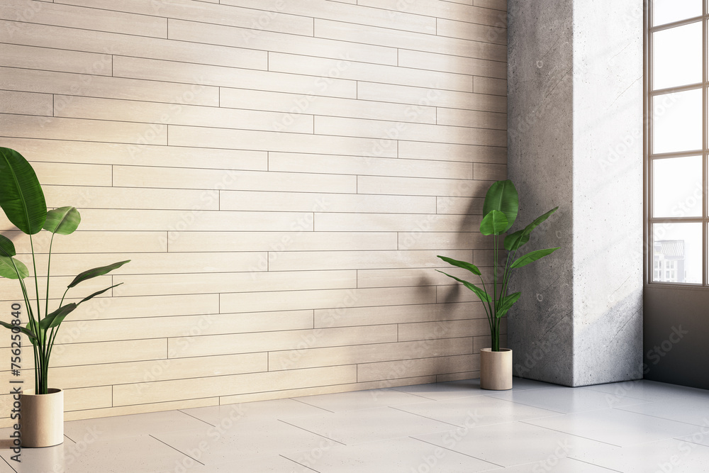 Poster modern interior with mock up place on wall, decorative plants and window with city view. 3d renderin
