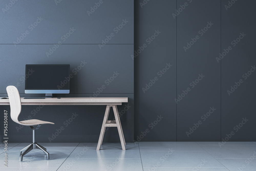 Poster Modern minimalistic black interior with workplace and computer monitor, mock up place on wall. 3D Rendering.