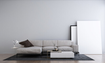 The minimal interior design concept of living room and empty concrete wall background and wooden...