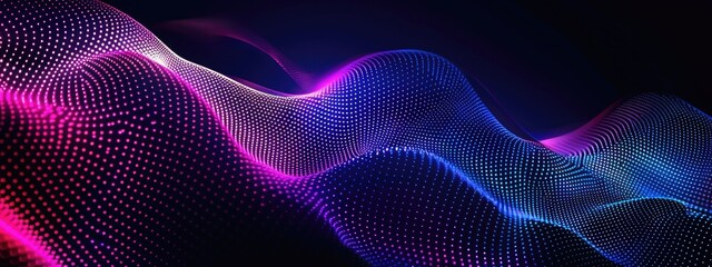Vibrant abstract digital landscape with flowing neon lines and dots on a dark backdrop, depicting futuristic wave patterns for technology, science or communication background